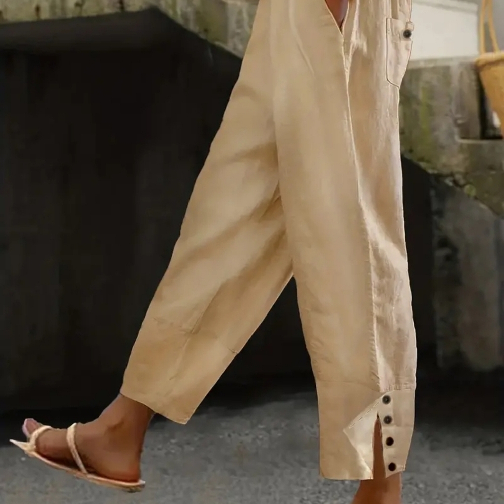 Casual Tan Button-Detail Women's Pants